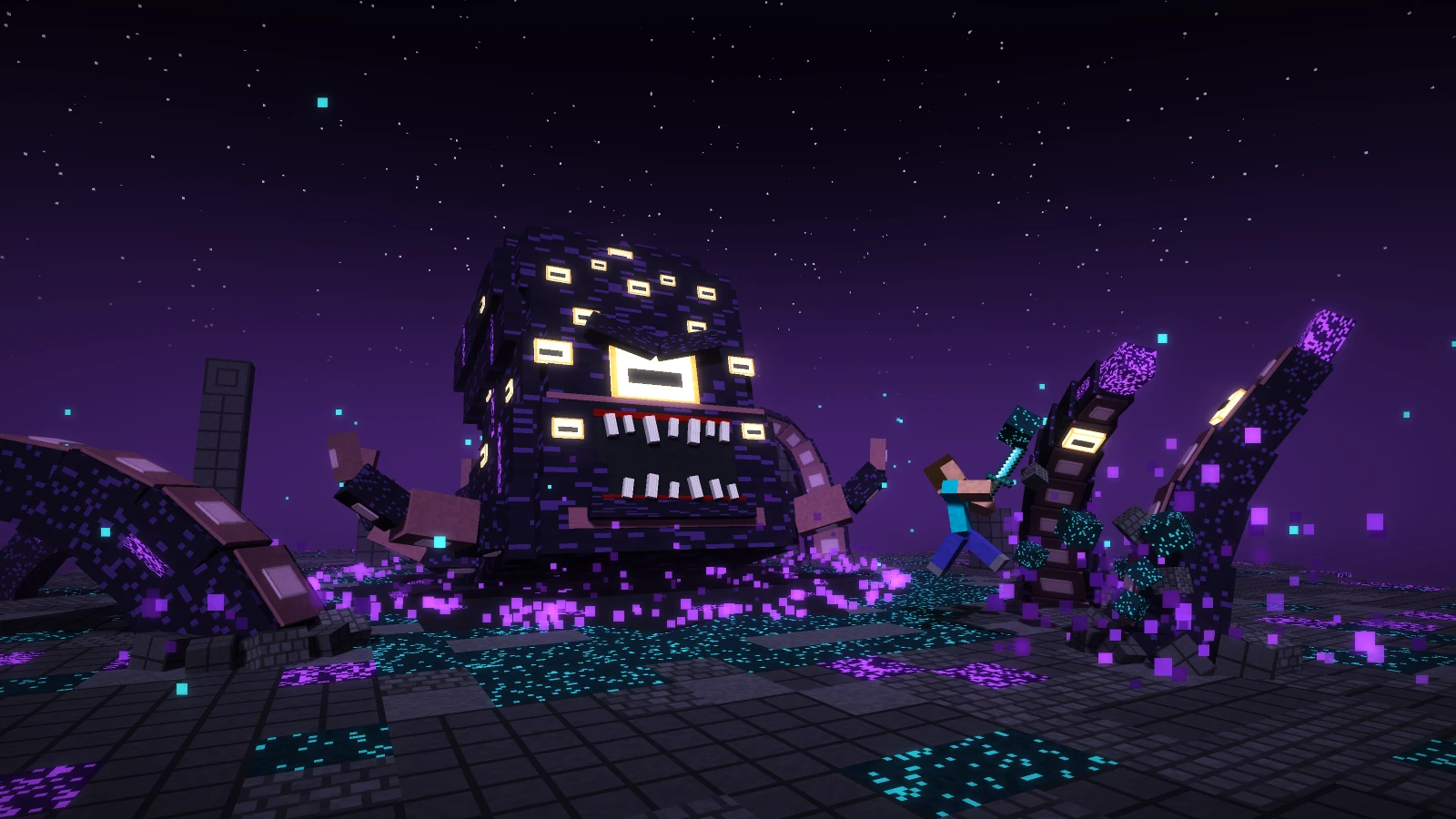 The Abyssal Horror, a giant void octopus with many glowing eyes, rising from a corrupted arena