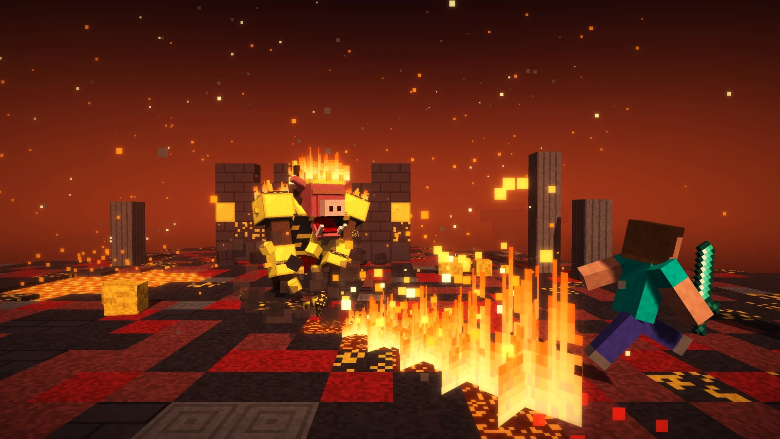 The Gilded Tyrant, a boar warlord in gold armour, charging through fire in a nether arena
