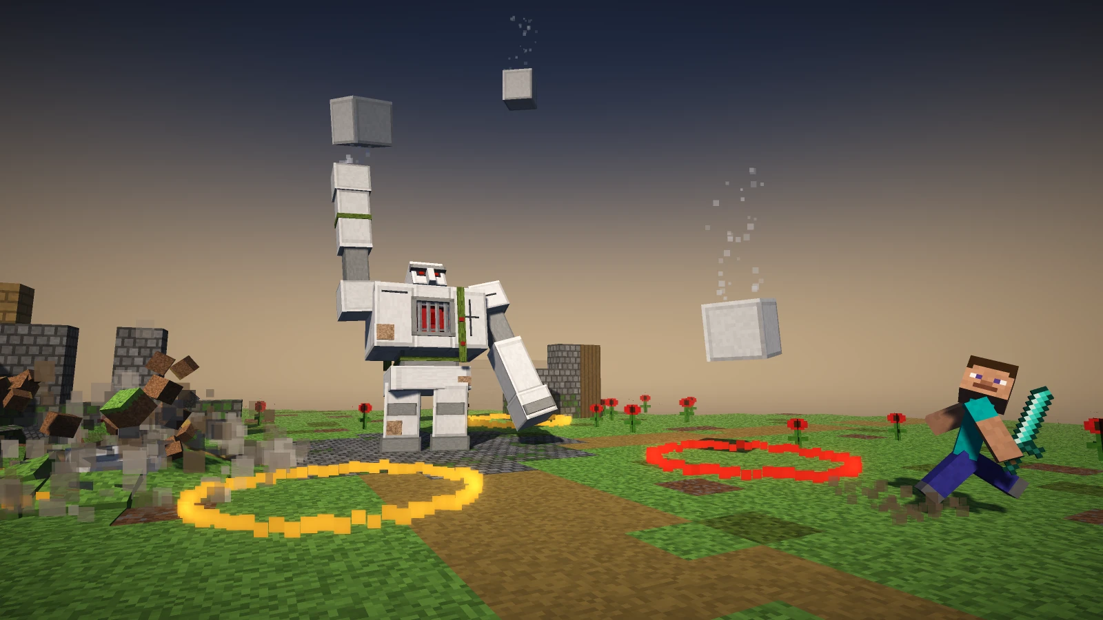The Iron Warden, a corrupted iron golem with a rose for a heart, hurling iron blocks at a player