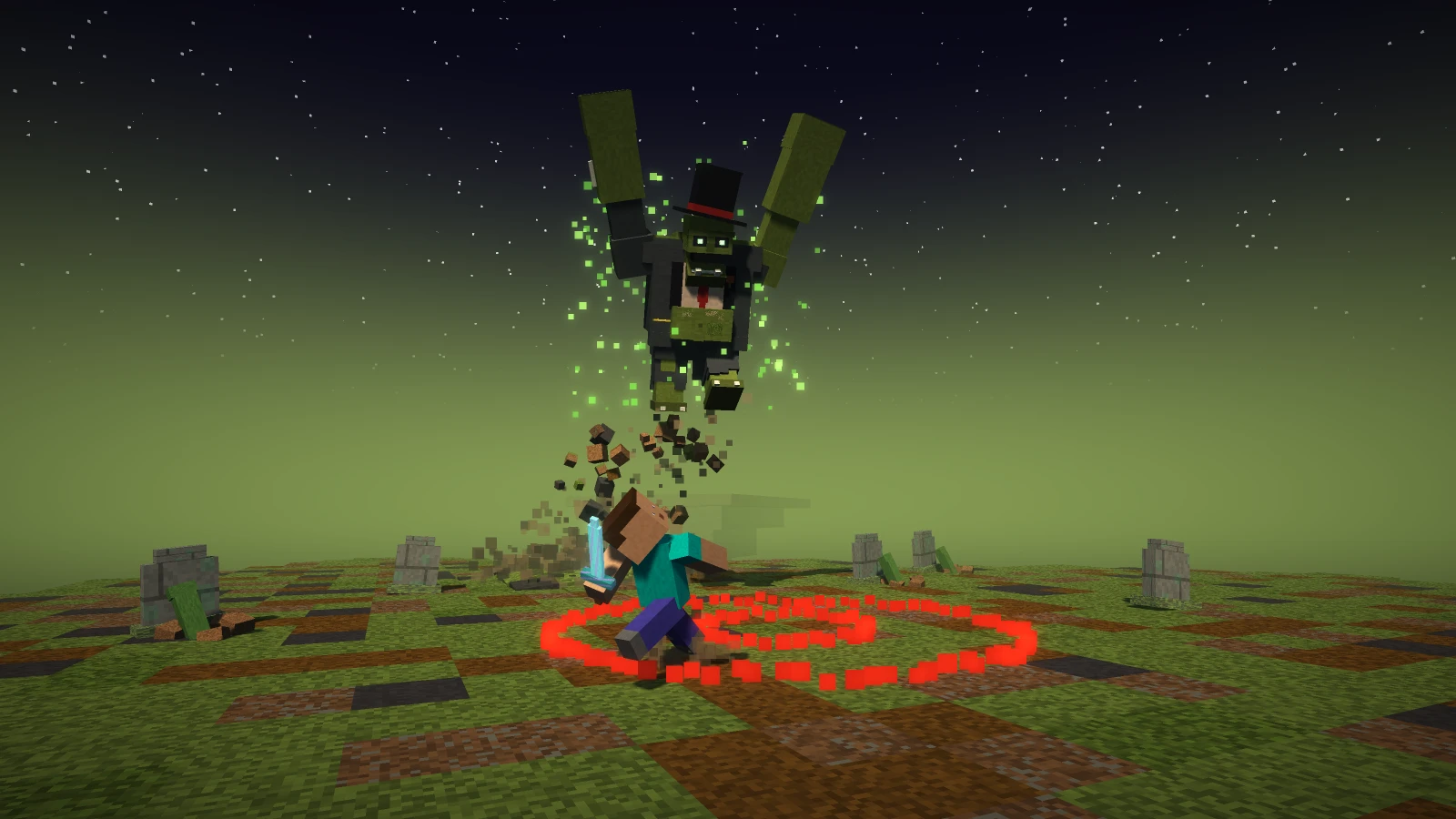 The Rotfather, a mutant plague zombie in a torn suit and top hat, leaping at a player in a graveyard
