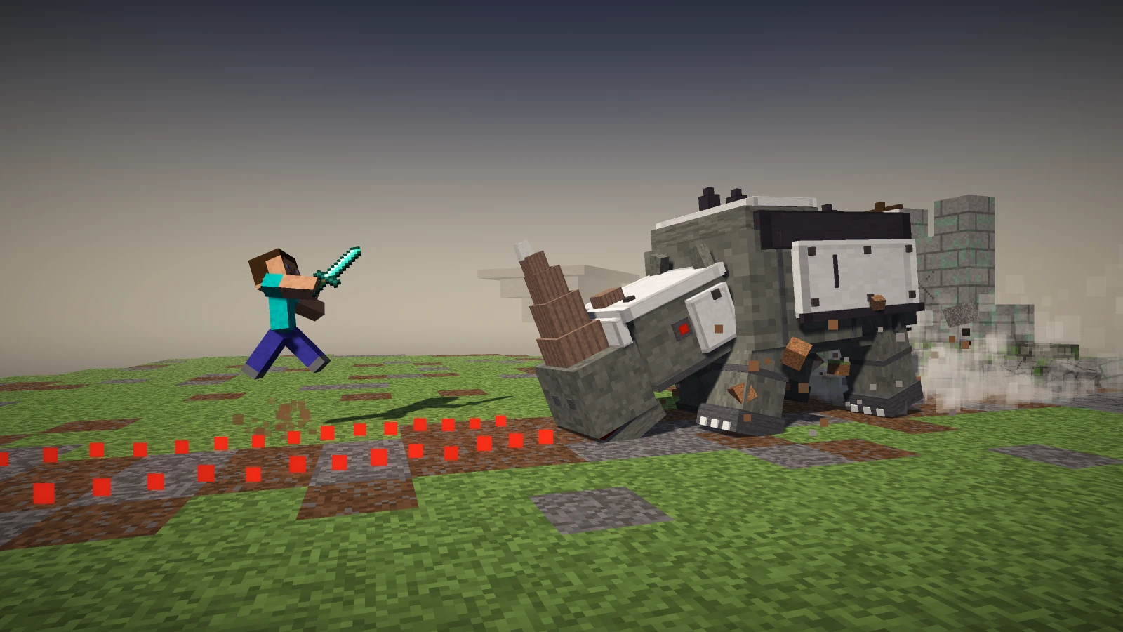 The Siege Beast, a war rhino in steel plate, charging at a player through a ruined field