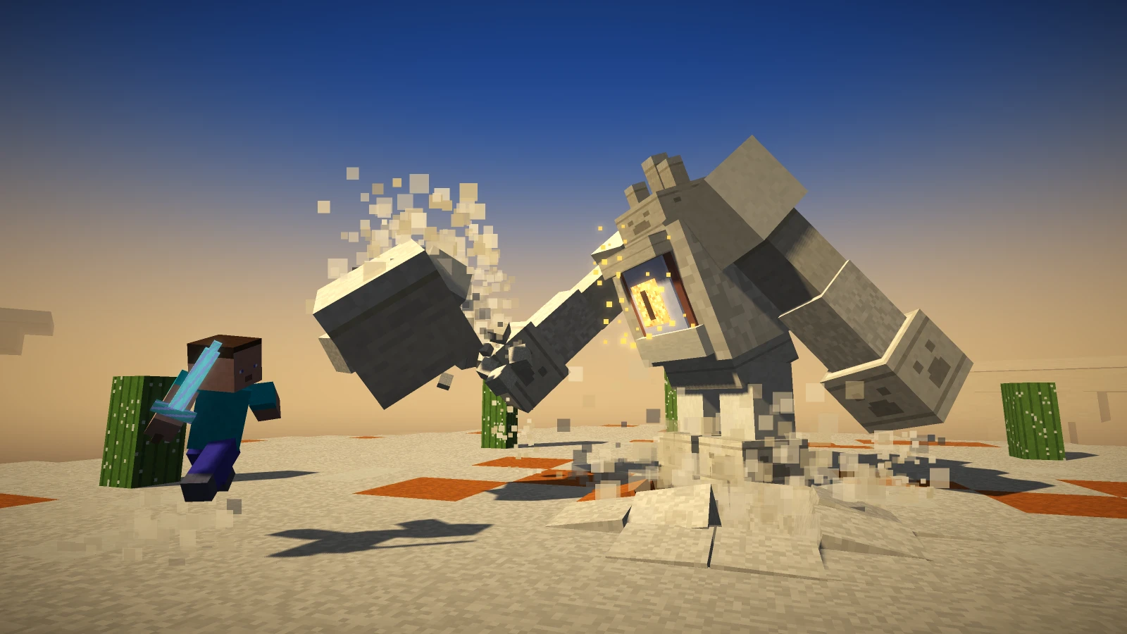 Tremor, a giant made of sand with one huge eye, smashing the desert floor beside a player