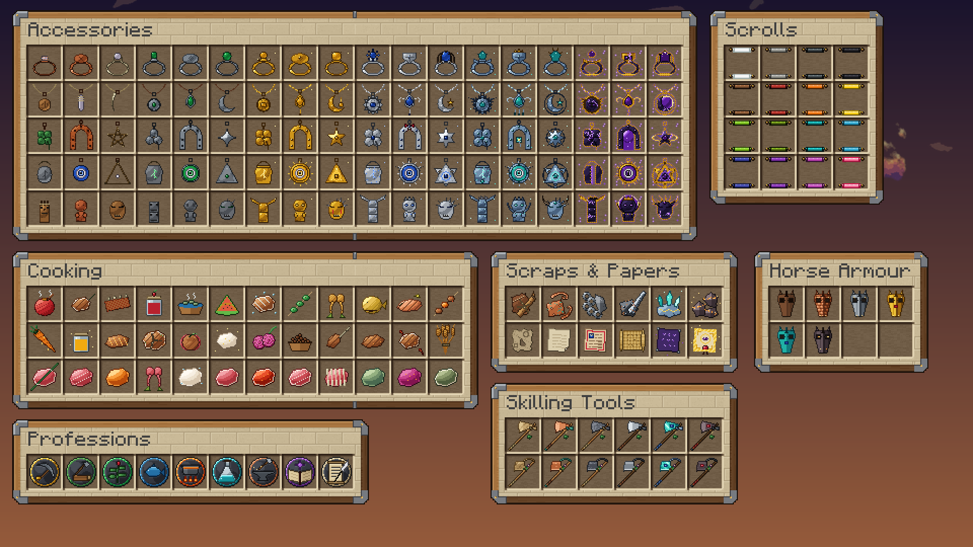 Item art sheet: rings, amulets, charms, talismans and idols, scrolls, cooking ingredients and meals, scraps and papers, horse armour, skilling tools and profession icons