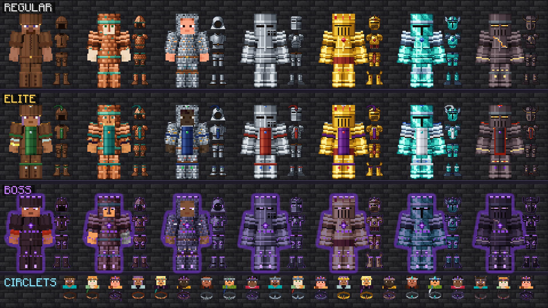 Armour art sheet: seven armour sets shown on a player in Regular, Elite and Boss rows, with each piece laid out beside them and a row of circlets below