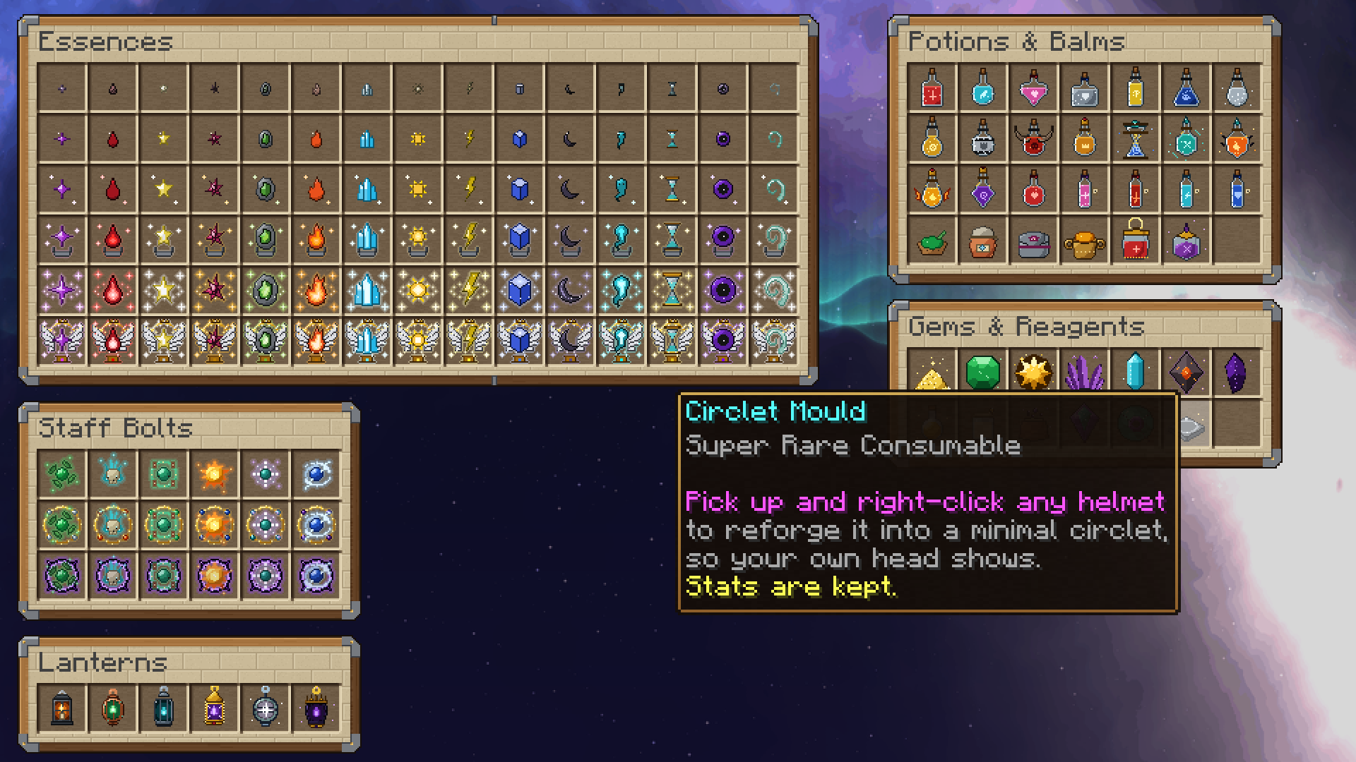 Item art sheet: fifteen essences in six grades, potions and balms, gems and reagents, staff bolts, lanterns, and the Circlet Mould tooltip