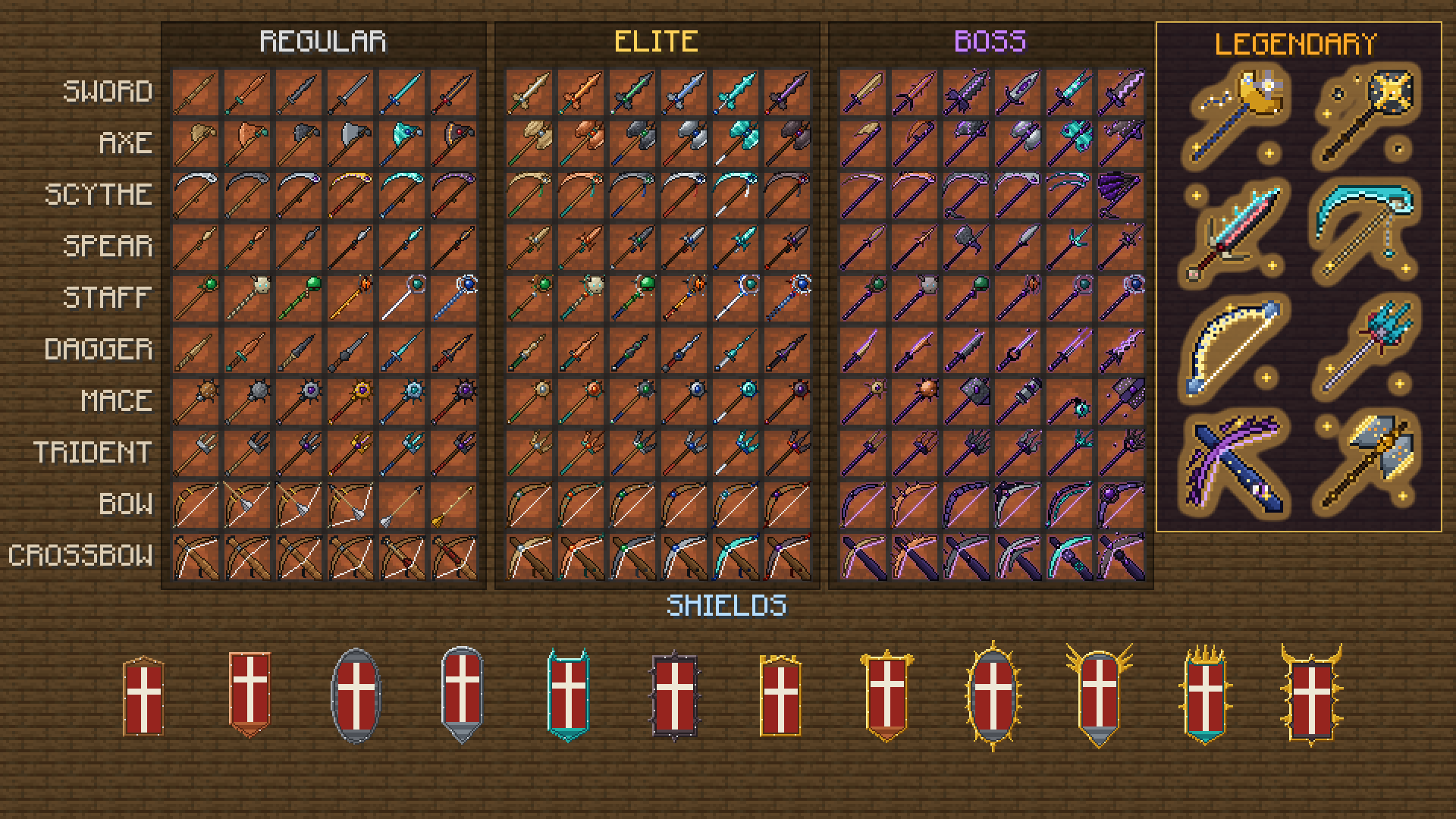 Weapon art sheet: ten weapon types in Regular, Elite and Boss columns, a Legendary panel with eight weapons, and a row of twelve shields