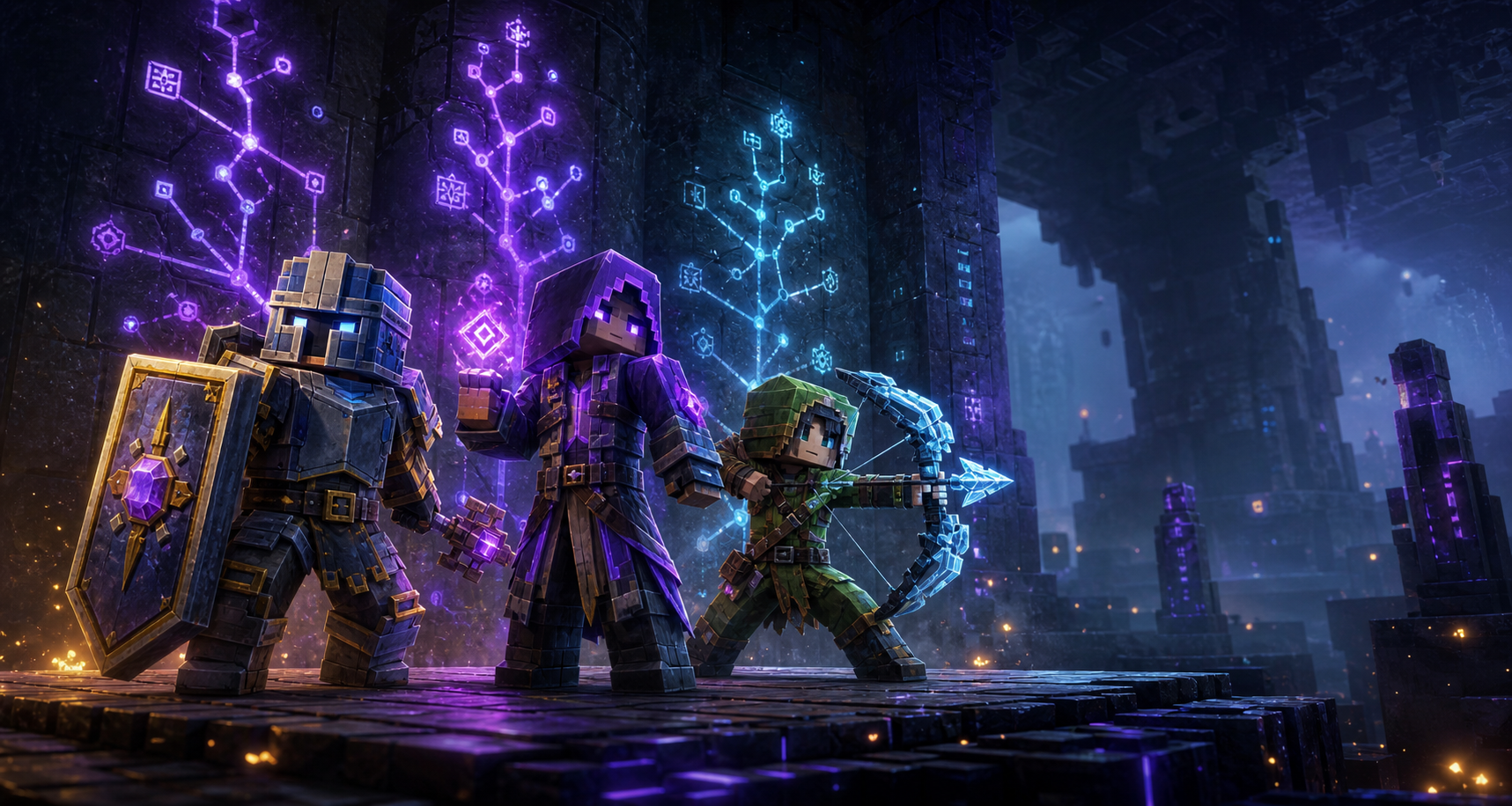 Three adventurers—a guardian, arcanist, and ranger—inside a rune-lit void temple