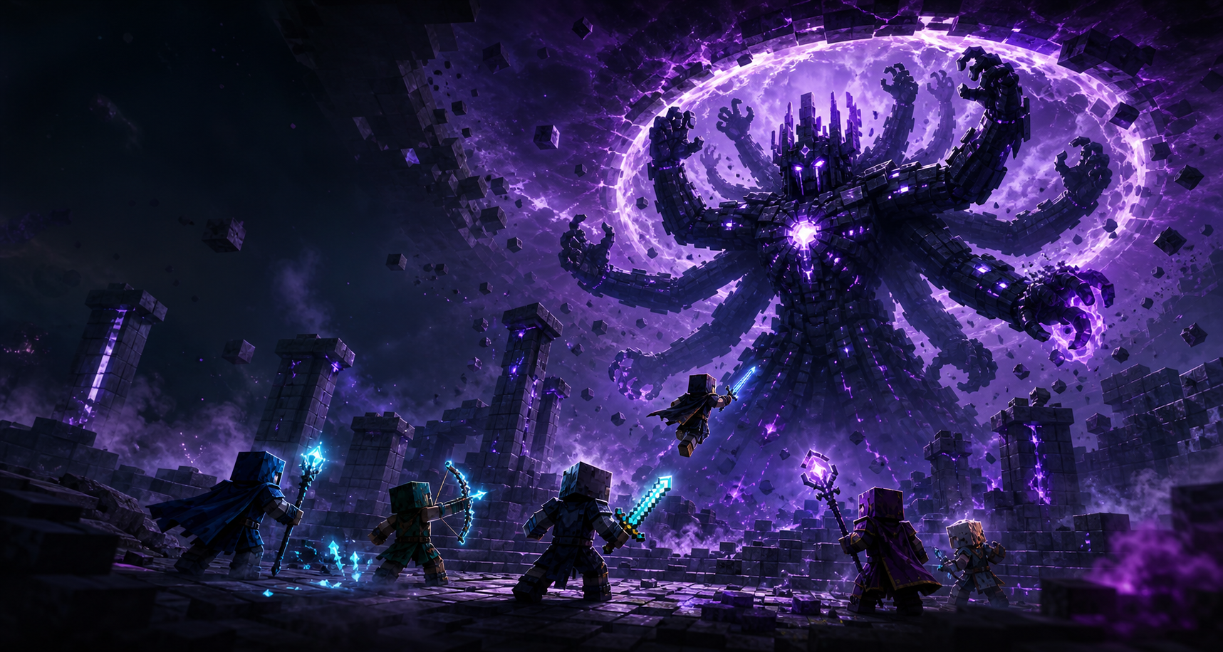 A party of adventurers confronting a colossal void titan in a ruined arena